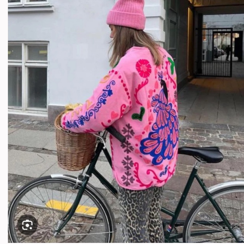Women’s Pink Embroidered Utility Jacket - Bold Floral Motif